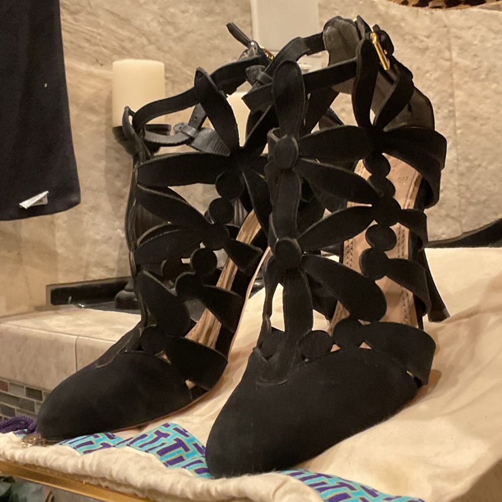 Tory Burch Black Suade Caged Floral strap Stiletto Heels